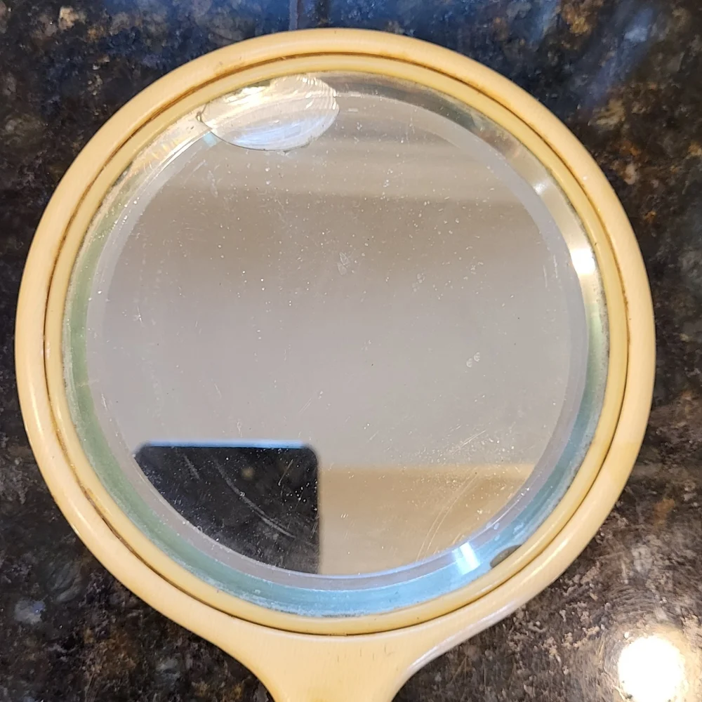 Pair of Antique Round Handled Cream Celluloid Vanity Hand Mirrors